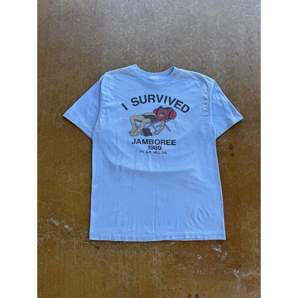 VTG 80s I Survived Jamboree Hill Virginia Hike Trail Baby Blue T-Shirt M